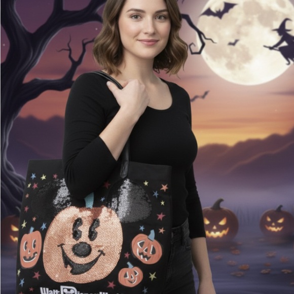Walt Disney World Halloween Canvas Tote Bag Pumpkin Sequin original - Picture 3 of 9